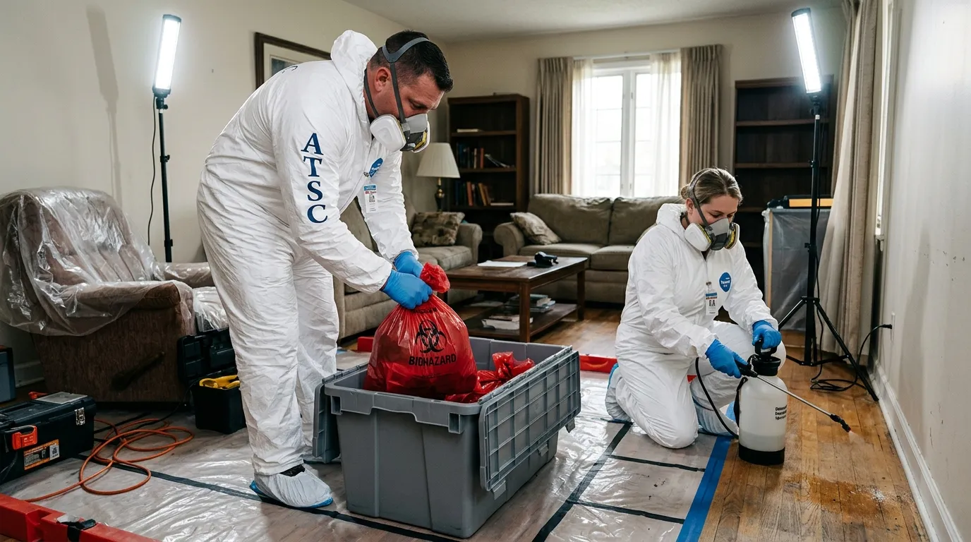 Professional Biohazard Cleanup technician in full PPE working in Sugar Land